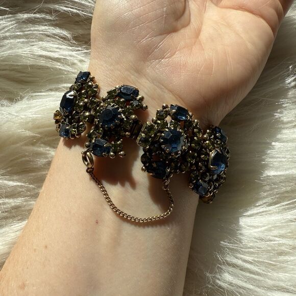 Vintage Kramer of NY Wide Runway Bracelet Green Blue Rhinestone Cluster Gorgeous - Picture 12 of 13